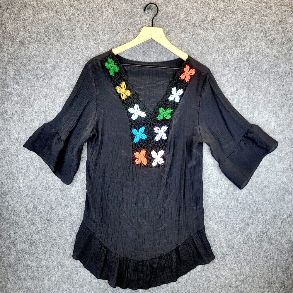 Shein Swim Cover Women's S Black Crochet Granny‎ Square Grannycore Boho Beach